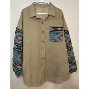 Unbranded Tan Corduroy Shacket Aztec Southwestern Print Sleeves Plus Size 2XL